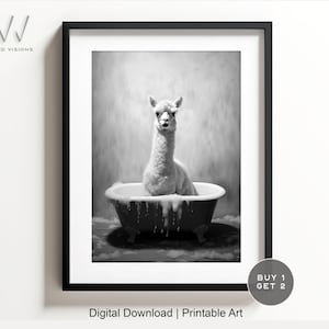 Llama in a Vintage Bathtub, Animal Bathroom Art, Rustic Bath Style, Llama in Tub, Bathroom Wall Art, Black & White, Digital Download. #975