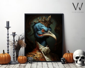 Espeluznante retrato aristocrático vintage de pavo real - Decoración de Halloween - Arte renacentista único - Arte animal peculiar - Arte digital imprimible. #162