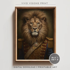 Vintage Aristocratic Lion Portrait in Warrior Suit - Unique Renaissance Painting - Quirky Animal Art Lovers -  Printable Digital Art. #246