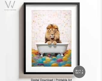 Lion in a Vintage Bathtub, Animal Bathroom Art, Rustic Bath Style, Lion in Tub, Bathroom Wall Art, Black & White, Digital Download. #952