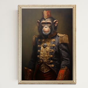 May include: A painting of a chimpanzee wearing a red fez and a gold-trimmed blue military uniform. The chimpanzee has a serious expression on its face.