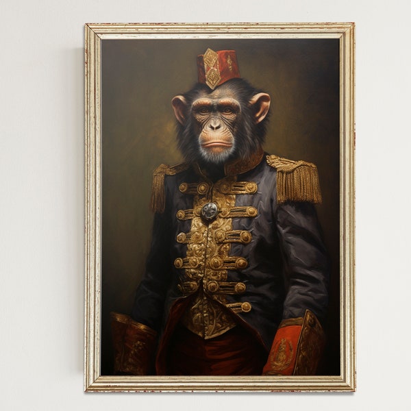 Vintage Aristocratic Monkey Portrait in Warrior Suit - Unique Renaissance Painting - Quirky Animal Art Lovers- Printable Digital Art. #119