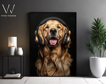 Modern Golden Retriever Portrait - Stylish Dog with Headphones - Music Lover Animal Art - Vintage Poster - Unframed Art. #1334