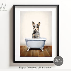 Australian Cattle Dog in una vasca da bagno vintage, arte da bagno con animali, stile rustico, arte da parete per il bagno, bianco e nero, download digitale. #863