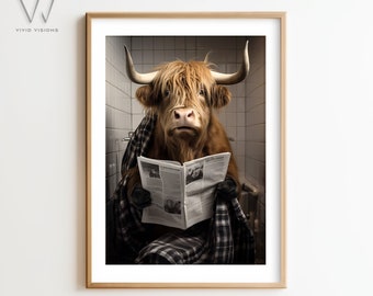 Divertida lámina de vaca de las Tierras Altas para el baño, arte de periódico para el inodoro (sin marco)