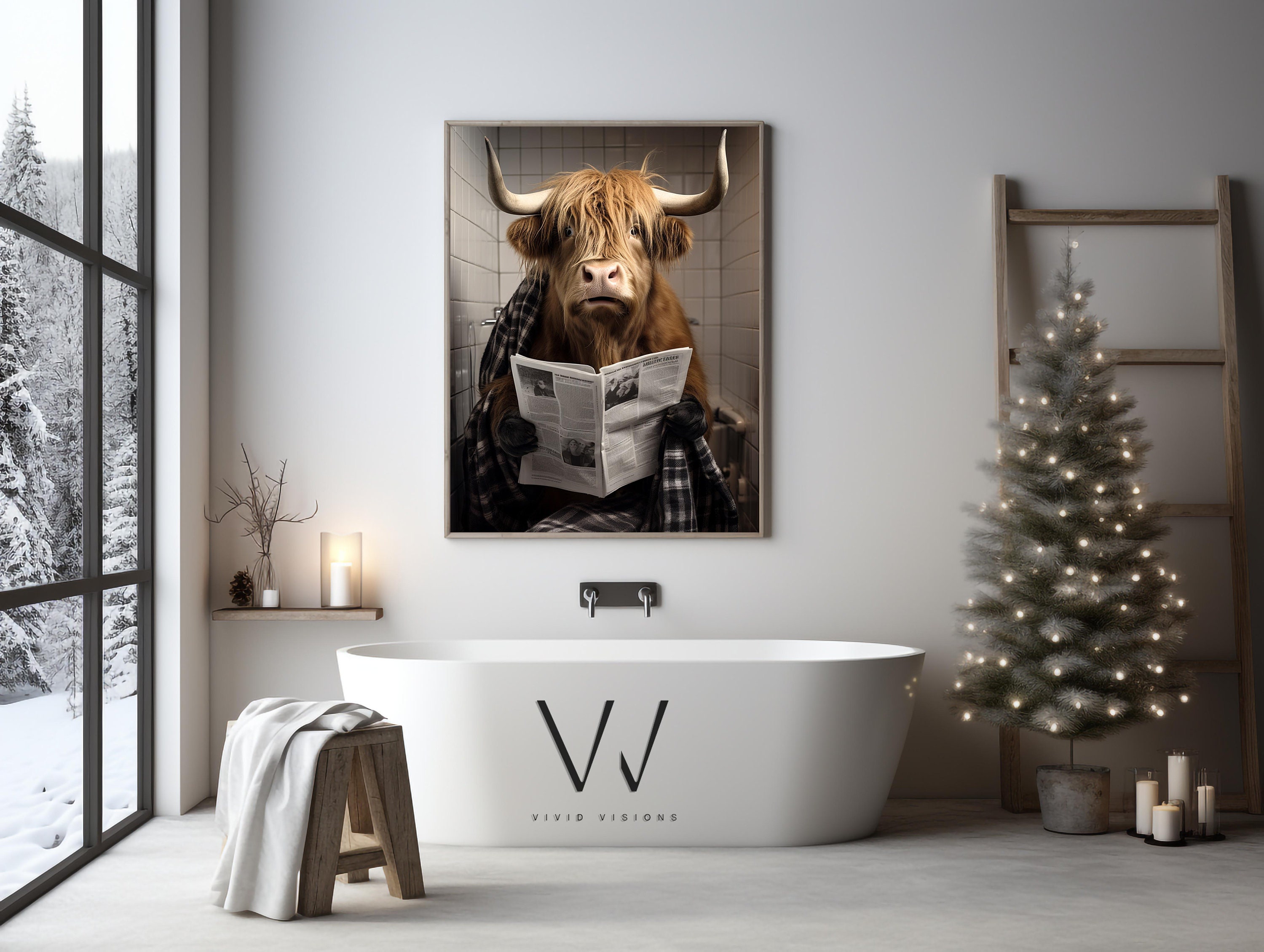 Highland Cow Sitting on the Toilet Reading | Funny Bathroom Wall Art ...