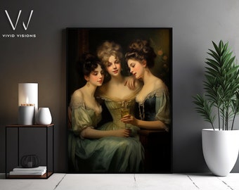 Victorian Women in Wine Party Portrait - Gothic Canvas Art Print, Vintage Classic Women Painting Poster, Christmas Gift. #446