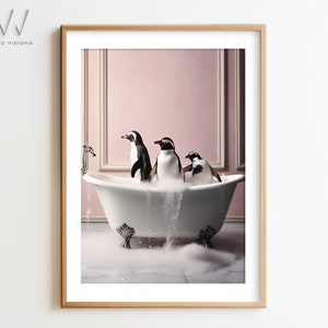 Penguins in a Vintage Bathtub, Animal Bathroom Art, Rustic Bath Style, Penguins in Tub, Bathroom Wall Art,  Unframed Art. #1151