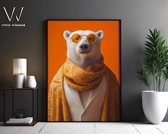 Modern Animal Art Print - Stylish Polar Bear in Sunglasses and Scarf - Contemporary Wall Art - Vintage Style Poster - Unframed Art. #1381