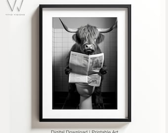 Highland Cow Sitting on The Toilet Reading | Funny Bathroom Wall Art | Animal Print | Bathroom Decor | Black & White | Digital Download. #99