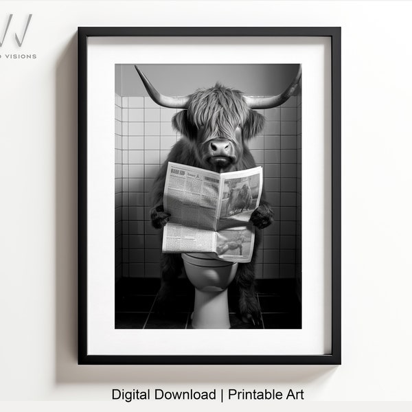 Highland Cow Sitting on The Toilet Reading | Funny Bathroom Wall Art | Animal Print | Bathroom Decor | Black & White | Digital Download. #99