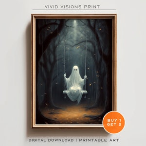 Ghost on Swing Art Print - Halloween Decor - Dark Academia Painting - Halloween Wall Art, Ghost Forest Wall Art,  Digital Download. #375