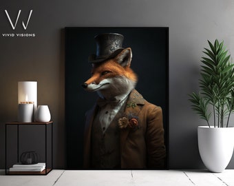Vintage Viktorianischer Fuchs im Anzug Porträt - Gothic Leinwand Kunstdruck - Modernes Haus Kunstwerk Dekoration - Wohnzimmer Poster - Ungerahmt Kunst. #1266