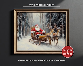 Santa Sleigh Reindeer Print: Classic Christmas Art (Unframed)