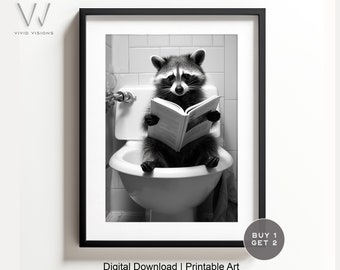 Entzückender Waschbär Sitzt Lesend Auf Der Toilette, Tier Badezimmer Kunst, Rustikaler Bad Stil, Badezimmer Wand Kunst, Digital Download. #1123