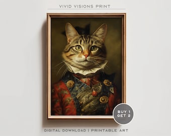 Portrait de chat victorien - oeuvre d'art murale gothique en toile, peinture de la Renaissance, oeuvre d'art vintage portrait animalier, téléchargement numérique. #1287