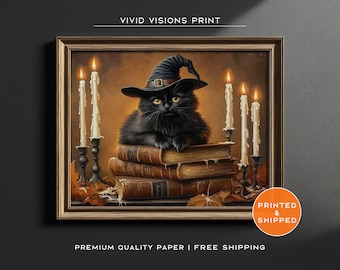 Black Cat with Witch Hat Poster - Dark Halloween Wall Art - Vintage Gothic Wall Art Print - Black Cat & Candles Print - Unframed Art. #1447