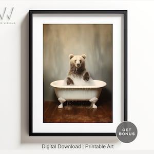 Bear in a Vintage Bathtub, Animal Bathroom Art, Rustic Bath Style, Bear in Tub, Bathroom Wall Art, Black & White, Digital Download. #833