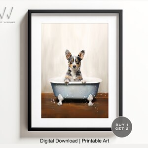 Australian Cattle Dog in una vasca da bagno vintage, arte da bagno con animali, stile rustico, arte da parete per il bagno, bianco e nero, download digitale. #862