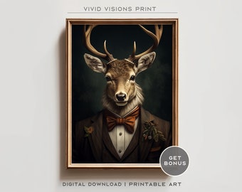 Victorian Stag Deer Portrait - Gothic Canvas Wall Art, Renaissance Painting, Vintage Animal Portrait Poster Artwork, Digital Download. #891