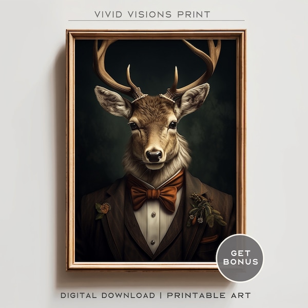 Victorian Stag Deer Portrait - Gothic Canvas Wall Art, Renaissance Painting, Vintage Animal Portrait Poster Artwork, Digital Download. #891