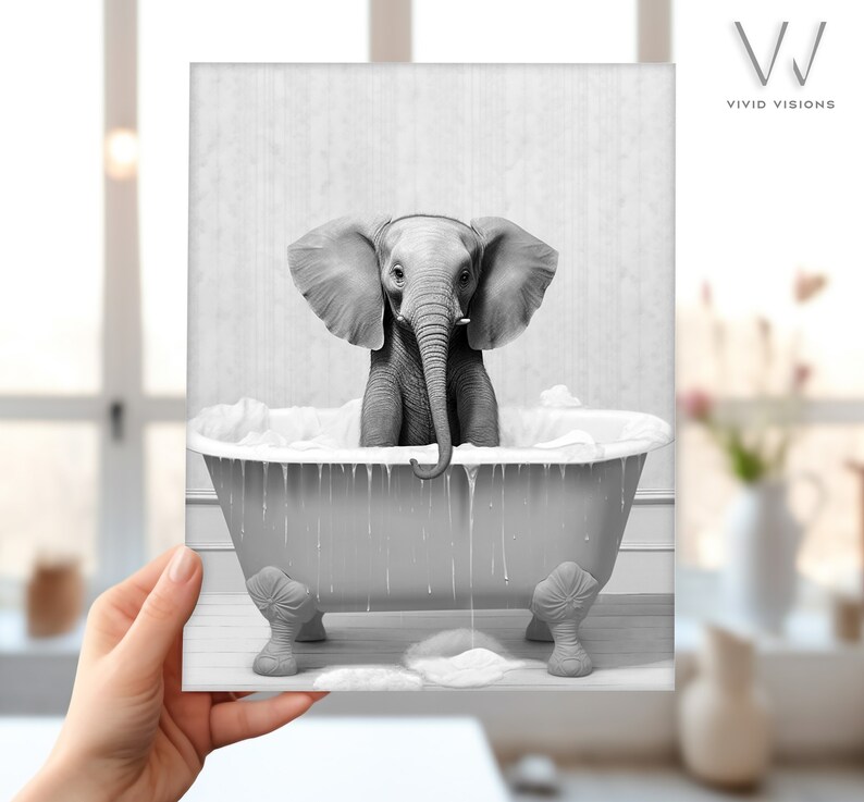 Baby Elephant in a Vintage Bathtub, Animal Bathroom Art, Rustic Bath ...