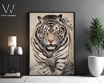 Antique Japanese Tiger Print - Vintage Talismanic Tiger Art, Traditional Woodblock Style Poster, Asian Inspired Decor, Unframed Art. #1021