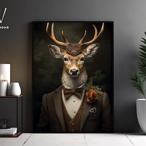 Retrato de veado vitoriano - Arte de parede em tela gótica - Pintura renascentista - Pôster de retrato de animal vintage - Arte sem moldura. #809
