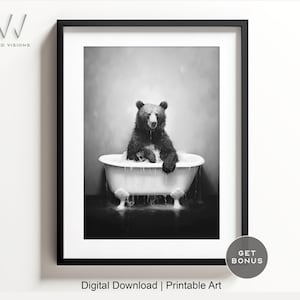 Bear in a Vintage Bathtub, Animal Bathroom Art, Rustic Bath Style, Bear in Tub, Bathroom Wall Art, Black & White, Digital Download. #834