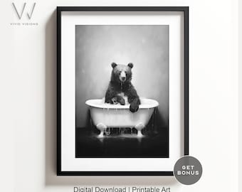 Ours dans une baignoire vintage, art animalier de salle de bain, style de bain rustique, ours dans la baignoire, art mural de salle de bain, noir et blanc, téléchargement numérique. #834