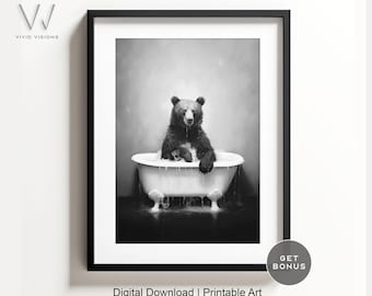 Bear in a Vintage Bathtub, Animal Bathroom Art, Rustic Bath Style, Bear in Tub, Bathroom Wall Art, Black & White, Digital Download. #834