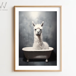 Llama in a Vintage Bathtub, Cottage Rose Bath Style, Animal Bathroom Art, Rustic Bath Style, Bathroom Wall Art, Unframed Art. #887