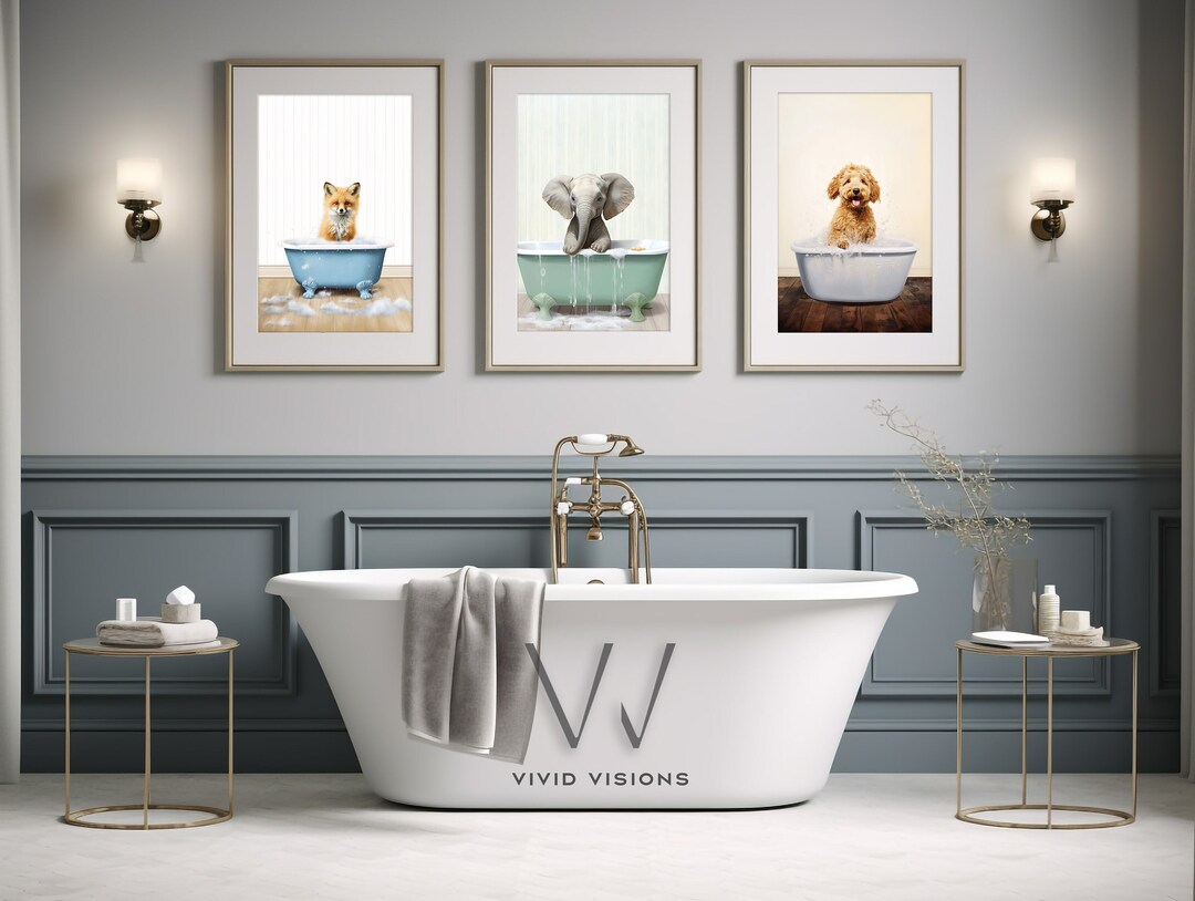 Animals in Tub, Bundle of 3, Funny Bathroom Wall Art, Printable Wall