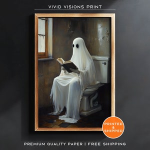 Ghost Reading in Bathroom Poster - Halloween Decoration, Dark Academia Painting, Ghost Poster, Vintage Ghost Painting, Unframed Art. #1413
