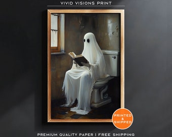 Ghost Reading in Bathroom Poster - Halloween Decoration, Dark Academia Painting, Ghost Poster, Vintage Ghost Painting, Unframed Art. #1413