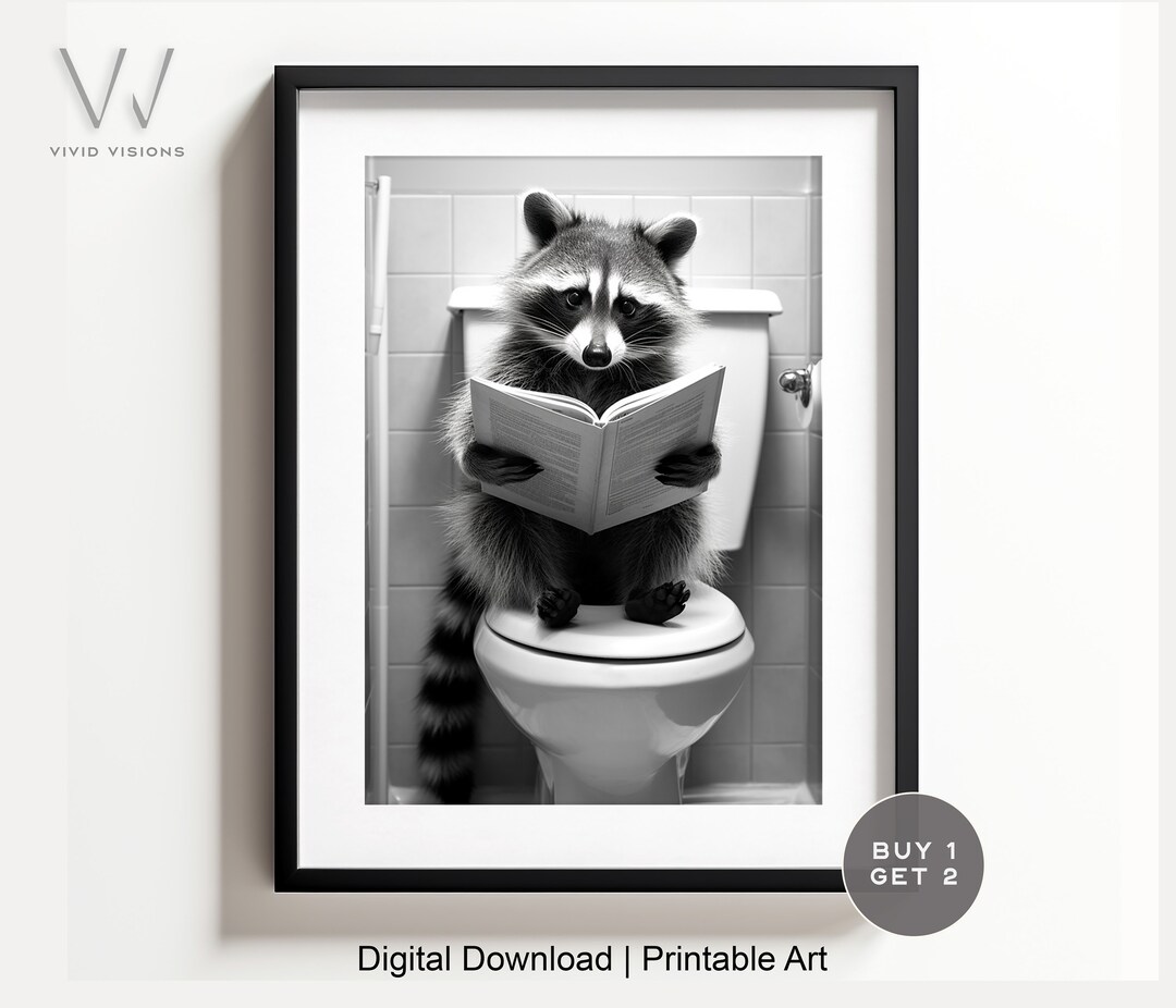 Adorable Raccoon Sitting on the Toilet Reading, Animal Bathroom Art ...