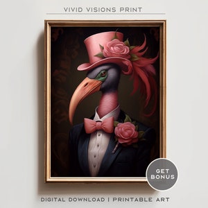 Victorian Flamingo Portrait - Gothic Canvas Wall Art, Renaissance Painting, Vintage Animal Portrait Poster Artwork, Digital Download. #893