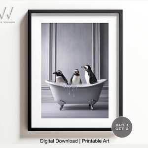 Penguins in a Vintage Bathtub, Animal Bathroom Art, Rustic Bath Style, Penguins in Tub, Bathroom Wall Art, Digital Download. #1174