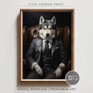 Vintage Aristocratic Husky Dog Portrait in Suit - Unique Renaissance Painting - Quirky Animal Art Lovers- Printable Digital Art. #129