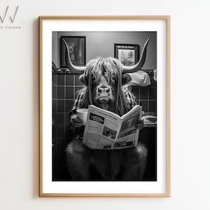 Highland Cow Sitting on The Toilet Reading | Funny Bathroom Wall Art | Animal Print | Bathroom Decor | Black & White | Unframed Art. #631