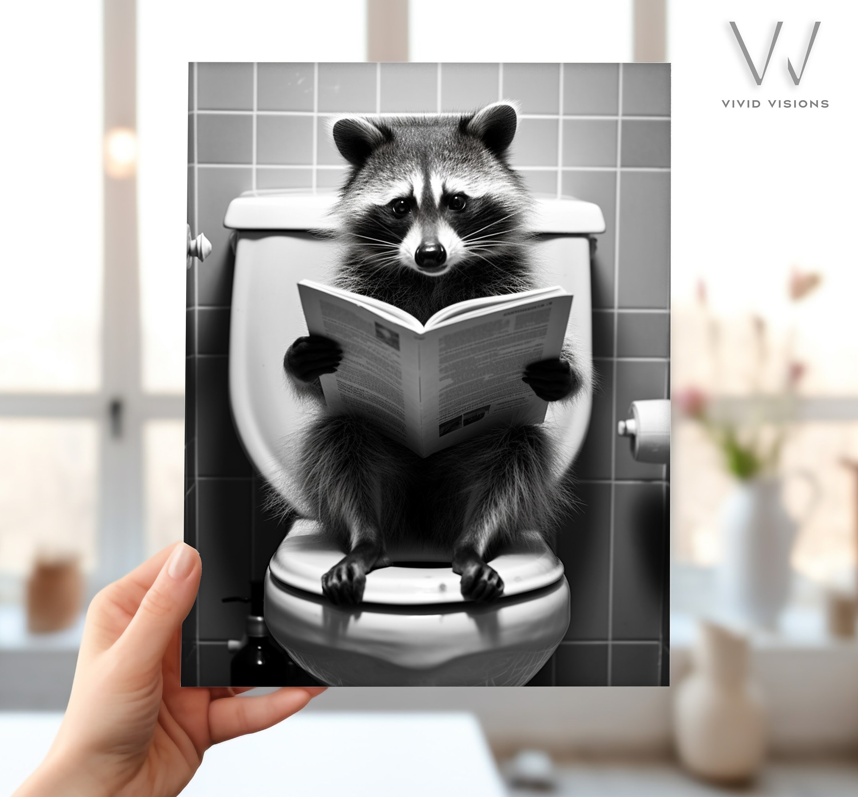 Adorable Raccoon Sitting on the Toilet Reading, Animal Bathroom Art ...