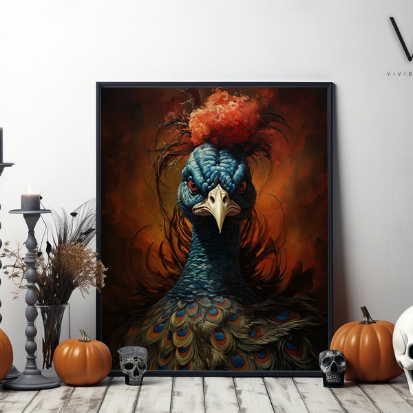 Spooky Vintage Aristocratic Peacock Portrait - Halloween Decor - Unique Renaissance Art - Quirky Animal Art - Printable Digital Art. #186