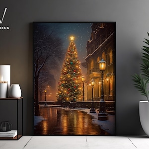 Pintura de árvore de Natal vintage, impressão de arte de árvore de Natal, impressão em tela de noite de Natal em casa de campo, decoração de Natal, decoração de parede rústica. #439