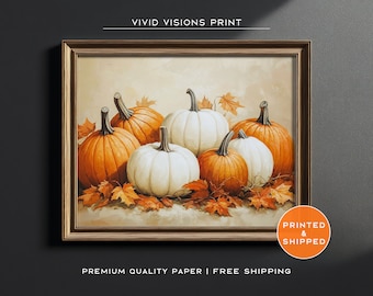 Póster de calabaza naranja y blanca con cosecha otoñal - Arte mural de Halloween - Decoración acogedora de otoño - Impresión de granja de Acción de Gracias - Arte sin marco. N.° 1440