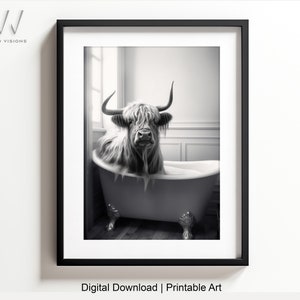 Whimsical Highland Cow in Tub - Printable Wall Art | Cow Photography | Bathroom Decor | Digital Download. #77