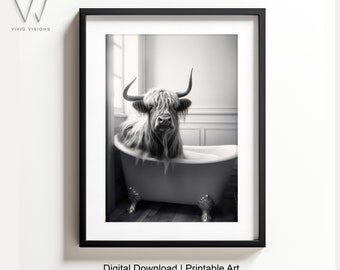 Whimsical Highland Cow in Tub - Printable Wall Art | Cow Photography | Bathroom Decor | Digital Download. #77