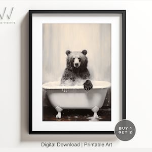 Bear in a Vintage Bathtub, Animal Bathroom Art, Rustic Bath Style, Bear in Tub, Bathroom Wall Art, Black & White, Digital Download. #838