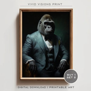 Vintage aristokratisches Gorilla Porträt im Anzug - Einzigartiges Renaissance Gemälde - Schrullige Tierliebhaber - Druckbare digitale Kunst. #210