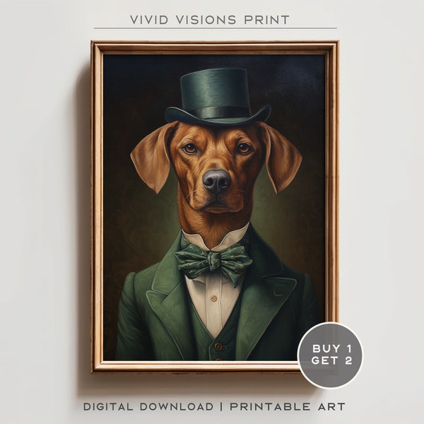 Retrato de perro aristocrático vintage en traje, arte de perro peculiar, pintura renacentista única, amantes del arte animal peculiar, arte digital imprimible.#136