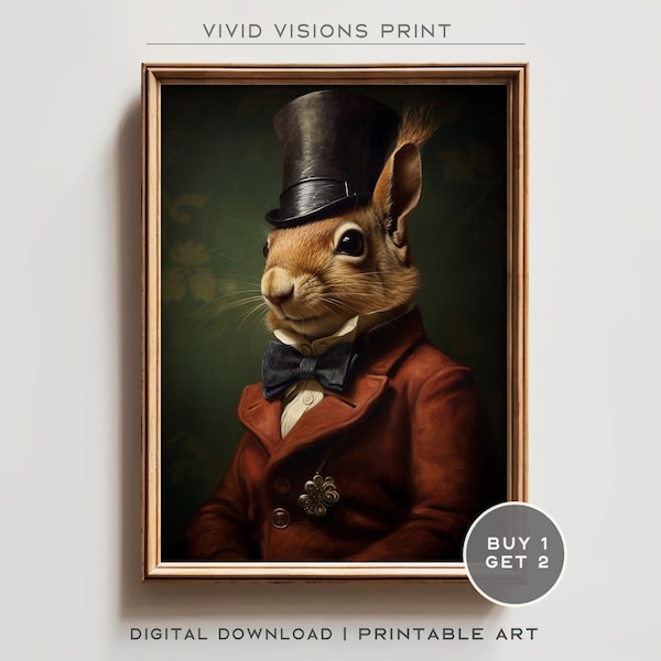 Victorian Red Squirrel Portrait - Gothic Canvas Wall Art, Renaissance Painting, Vintage Animal Portrait Artwork, Digital Download. #1224